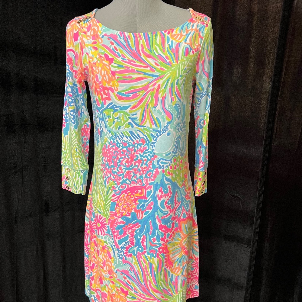 Lili Pulitzer s long sleeve coral kelp sea neon fireworks stretch spandex dress